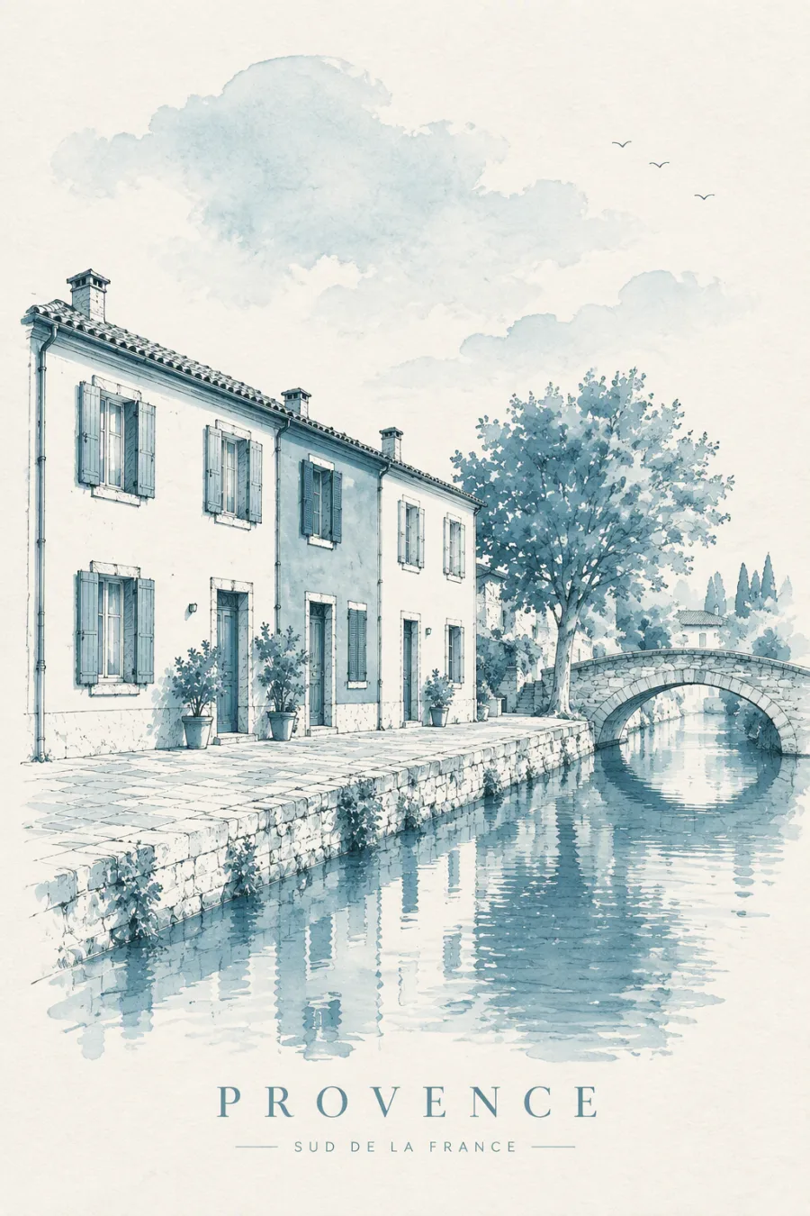 蓝色调运河风景水彩插图